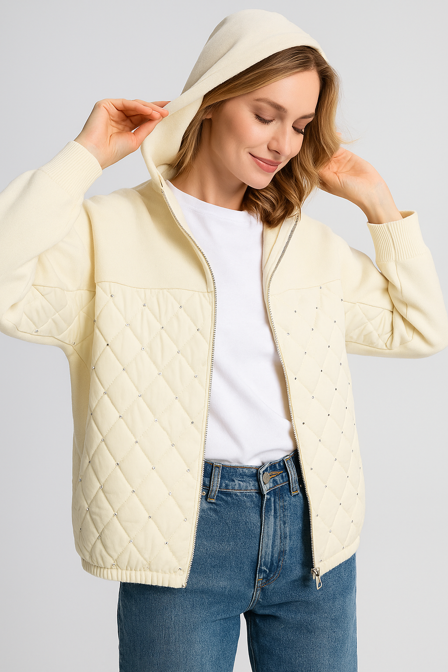 Hooded Heavy Knit Jacket With Sparkly Quilted Sequin Panel And Zip Fastening