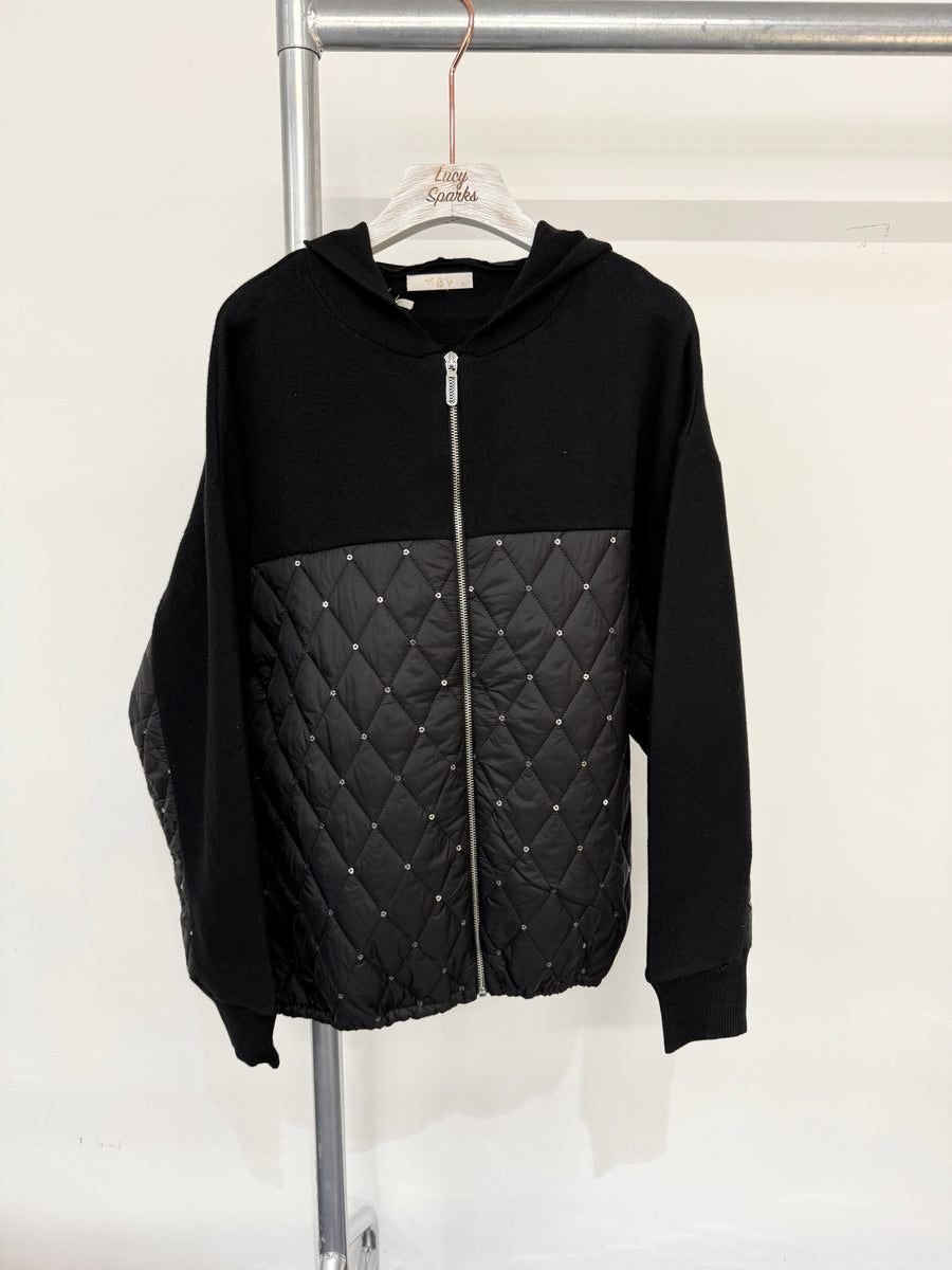 Hooded Heavy Knit Jacket With Sparkly Quilted Sequin Panel And Zip Fastening