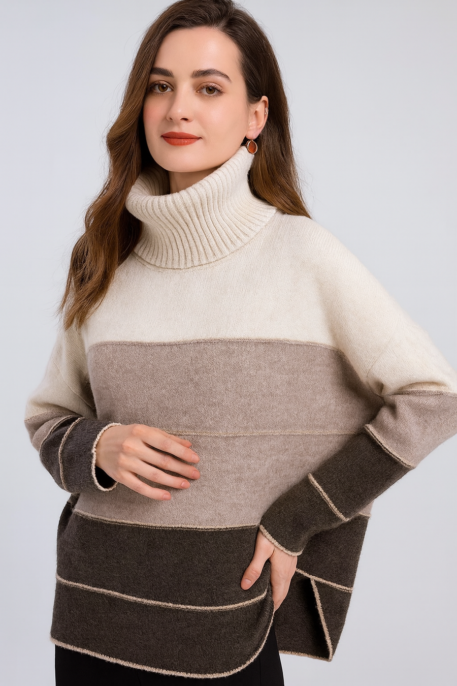 CHUNKY KNIT COLOUR BLOCK STRIPES ROLL NECK JUMPER
