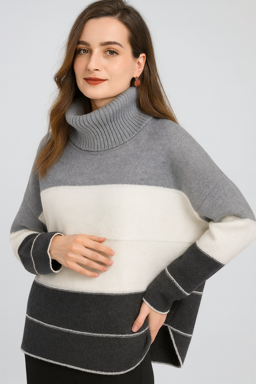 CHUNKY KNIT COLOUR BLOCK STRIPES ROLL NECK JUMPER