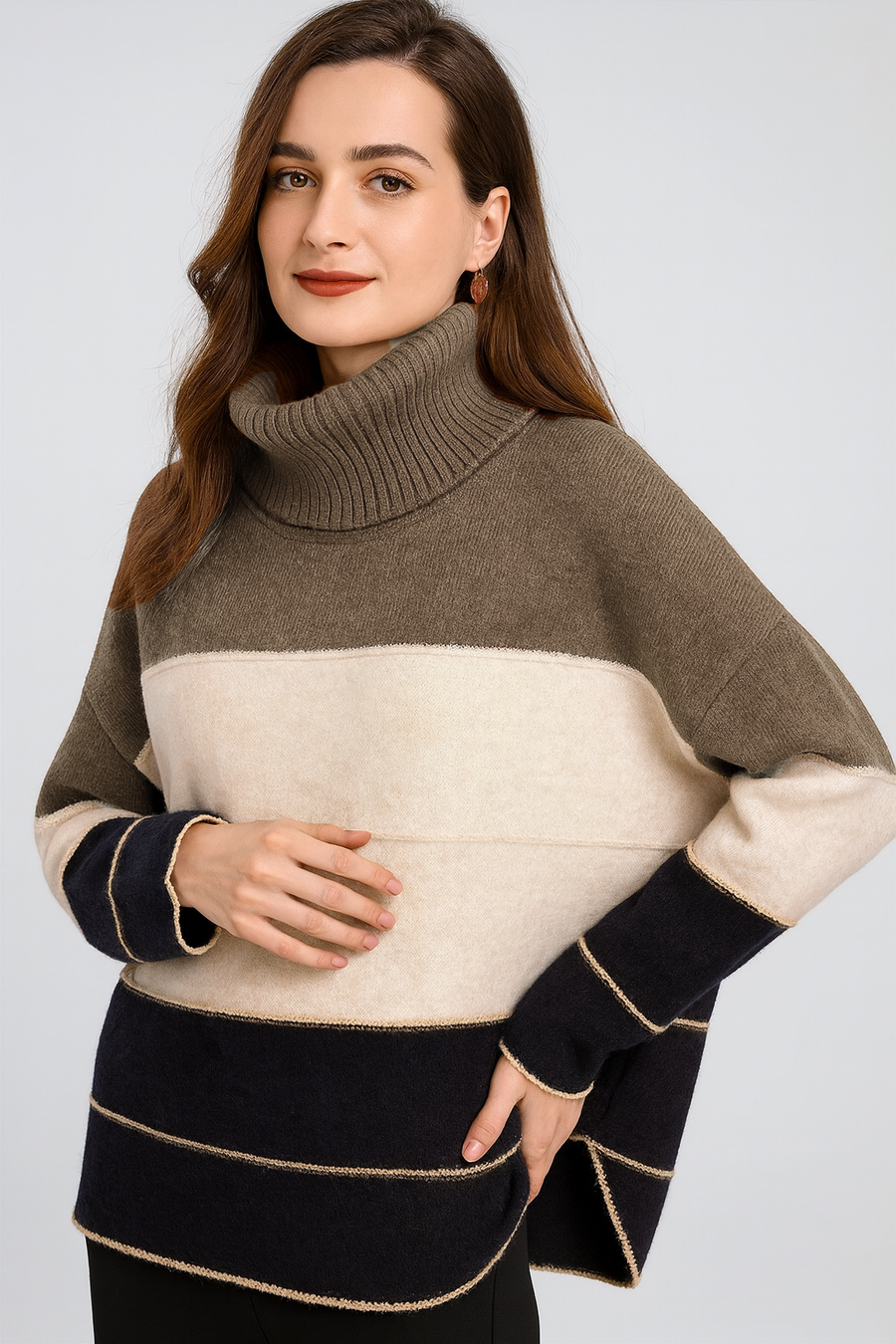 CHUNKY KNIT COLOUR BLOCK STRIPES ROLL NECK JUMPER