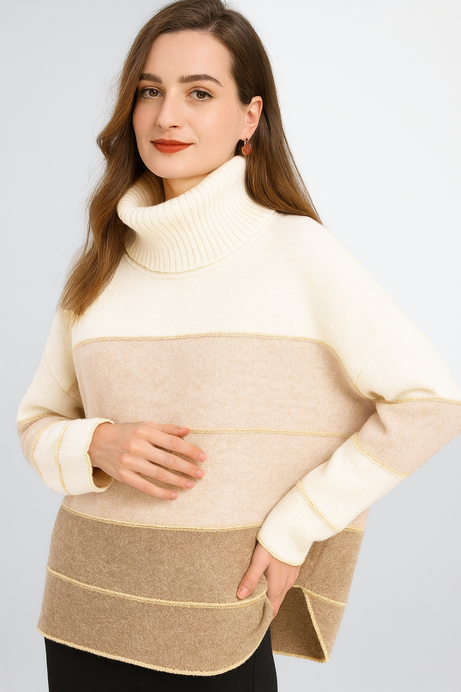 CHUNKY KNIT COLOUR BLOCK STRIPES ROLL NECK JUMPER