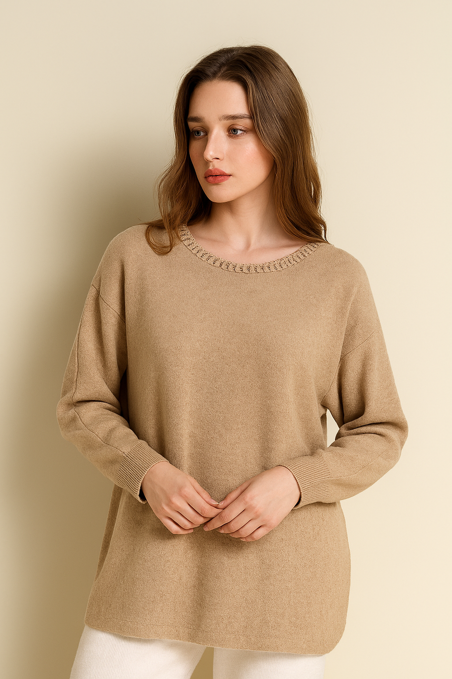 BRAIDED NECKLINE SOFT KNIT JUMPER