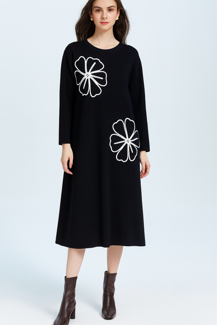 SOFT KNIT MIDI DRESS WITH DECORATIVE FLOWER DESIGN AND RHINESTONES