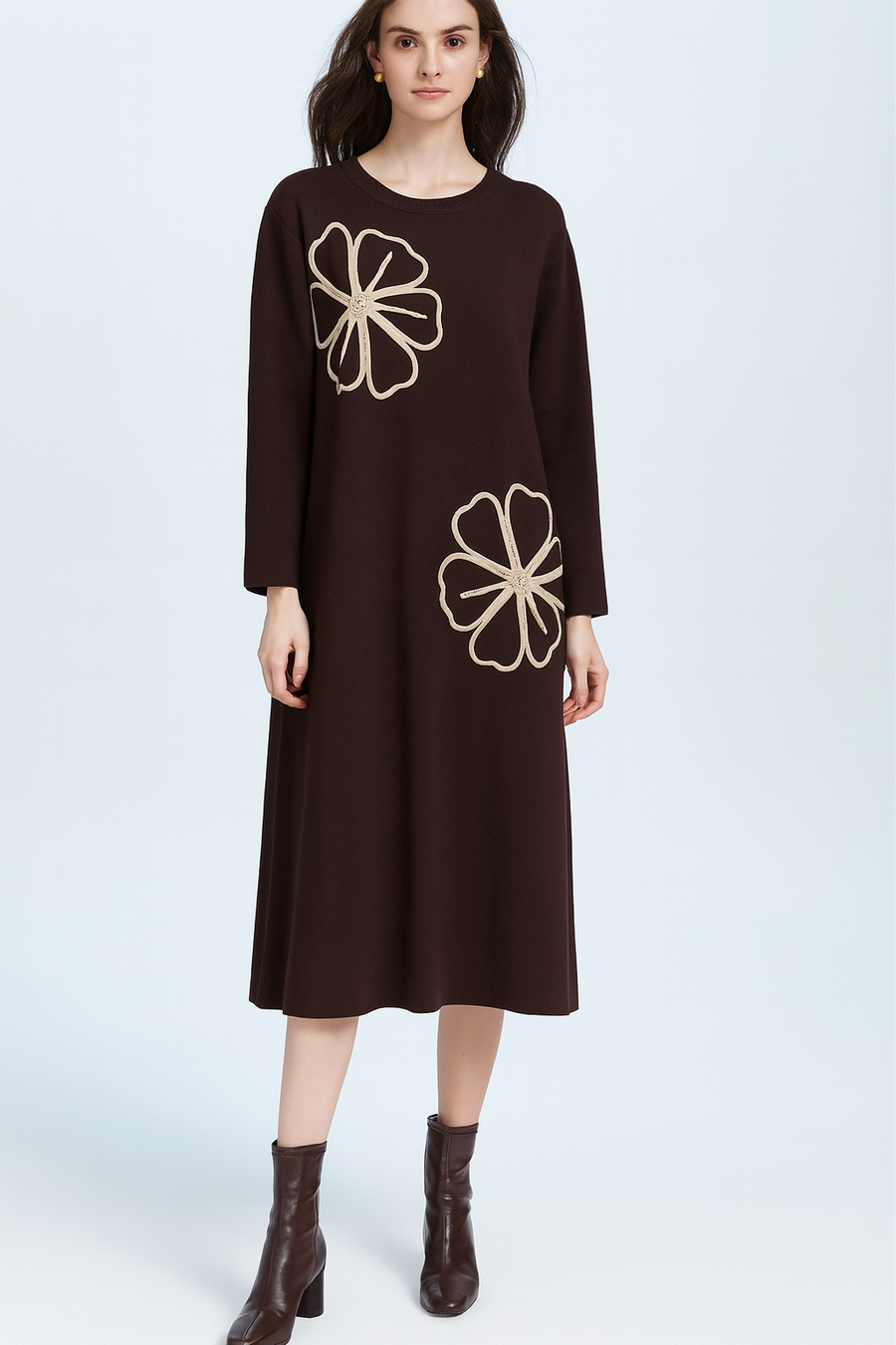 SOFT KNIT MIDI DRESS WITH DECORATIVE FLOWER DESIGN AND RHINESTONES