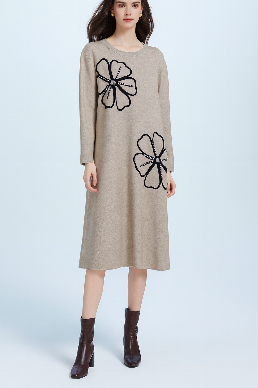 SOFT KNIT MIDI DRESS WITH DECORATIVE FLOWER DESIGN AND RHINESTONES