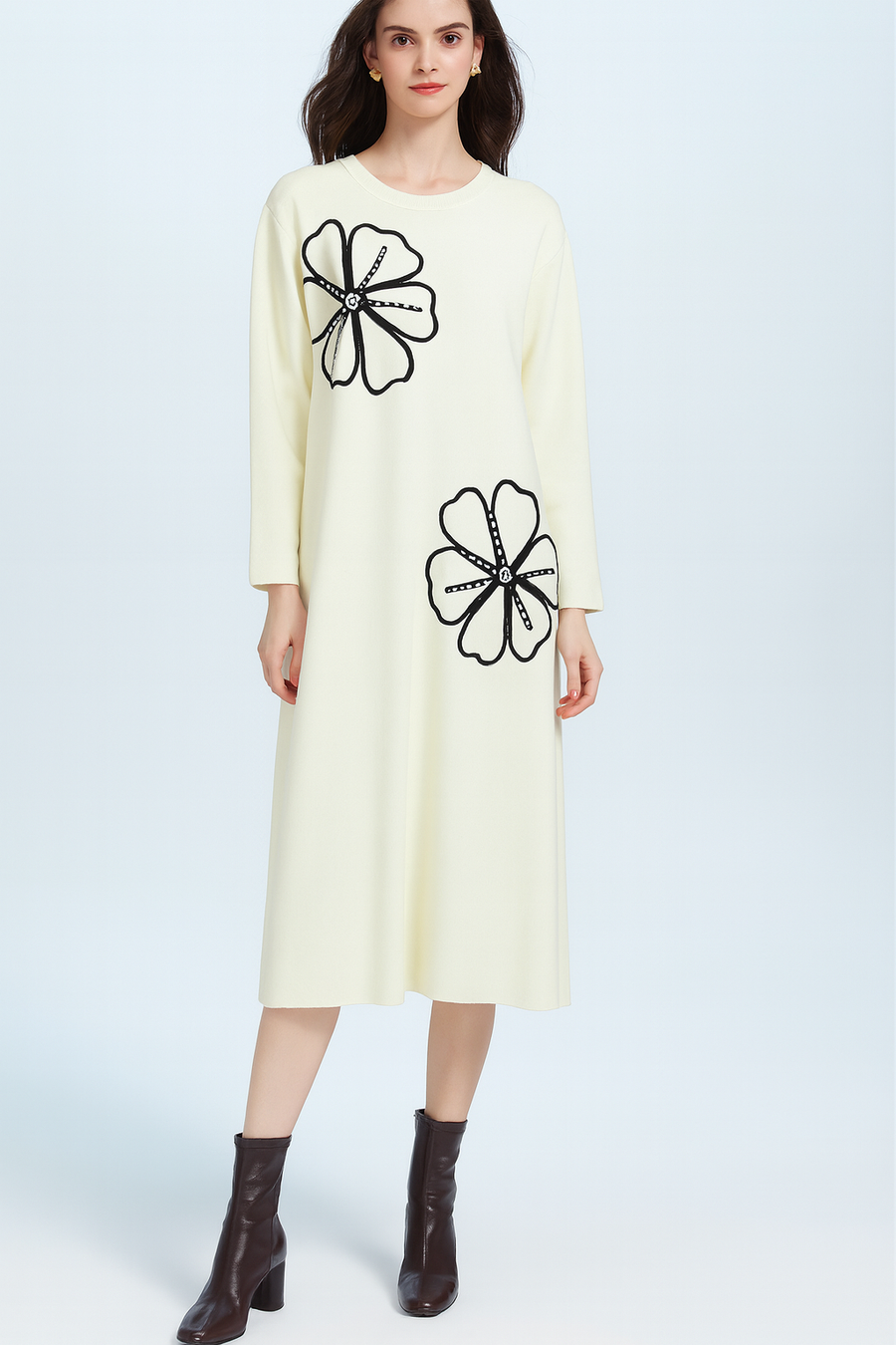 SOFT KNIT MIDI DRESS WITH DECORATIVE FLOWER DESIGN AND RHINESTONES