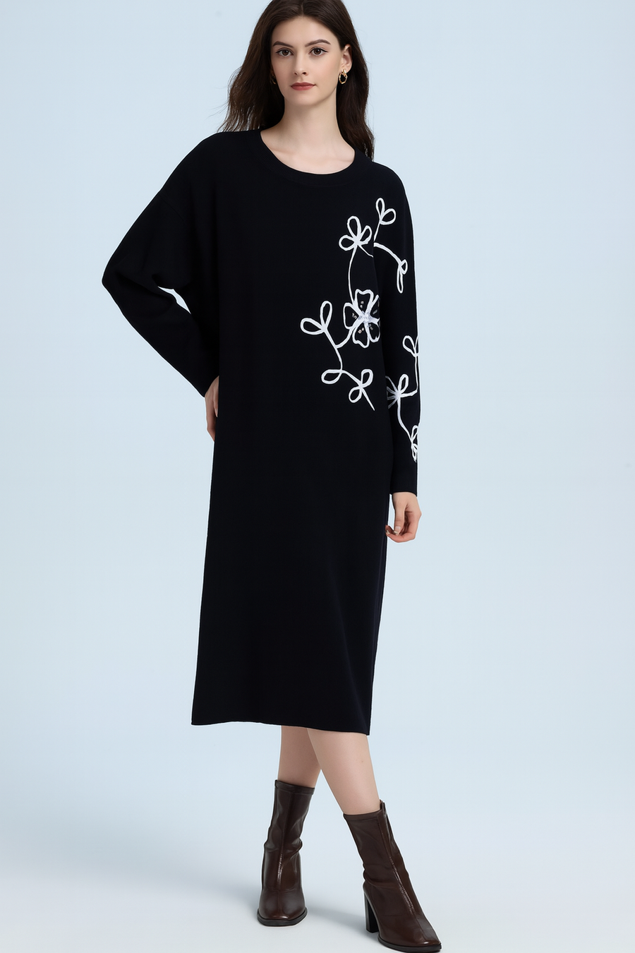 SOFT KNIT MIDI DRESS WITH CONTRASTING FLORAL DESIGN ON SIDE