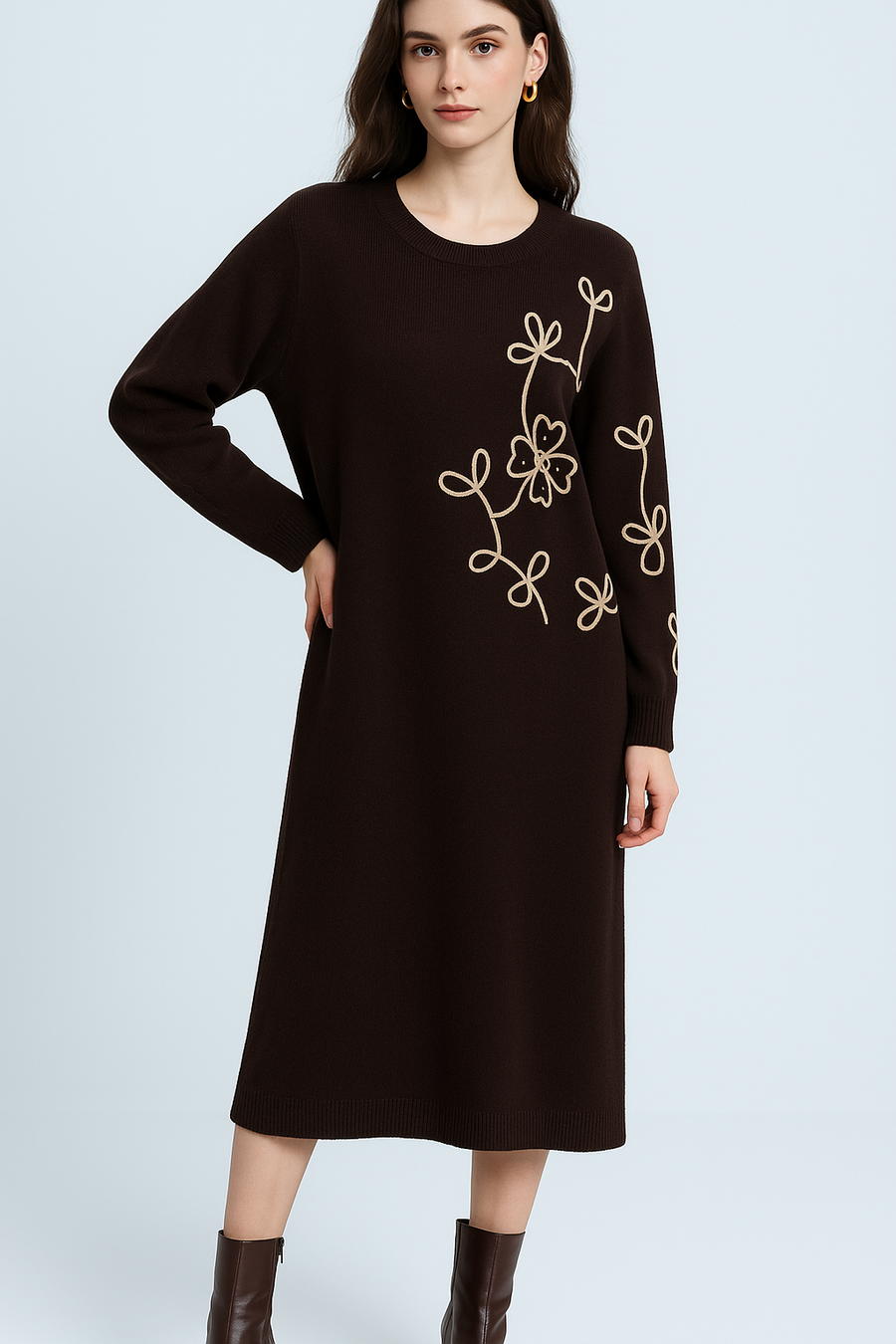 SOFT KNIT MIDI DRESS WITH CONTRASTING FLORAL DESIGN ON SIDE