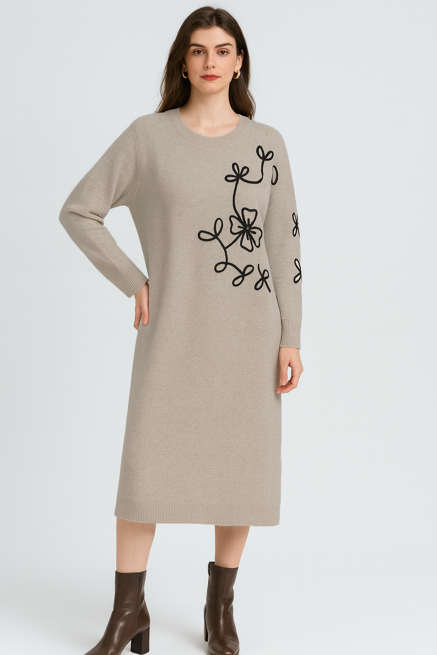 SOFT KNIT MIDI DRESS WITH CONTRASTING FLORAL DESIGN ON SIDE