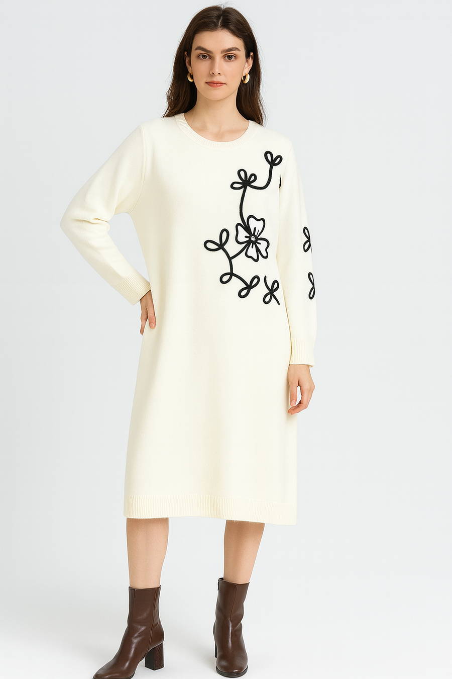 SOFT KNIT MIDI DRESS WITH CONTRASTING FLORAL DESIGN ON SIDE