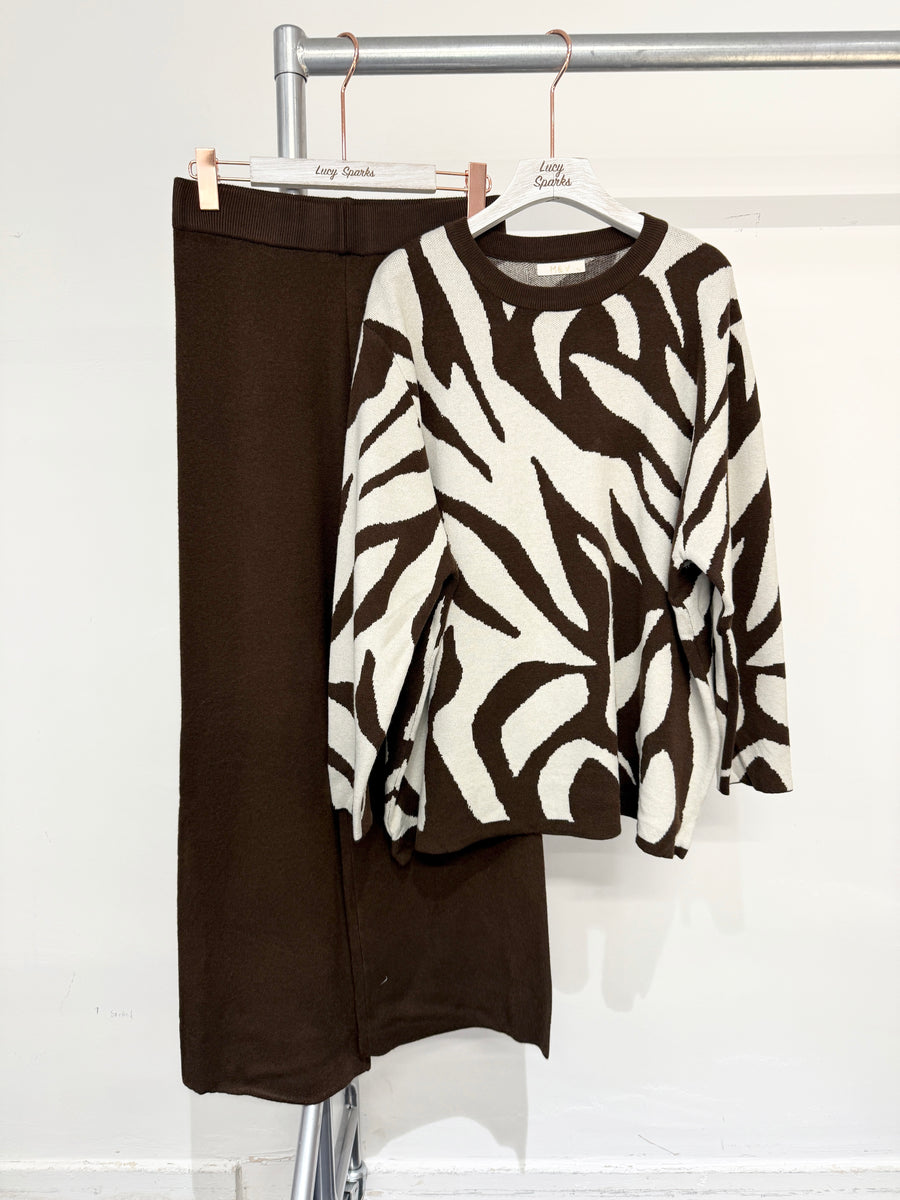 Heavy Knit Zebra Design Jumper And Wide Leg Trousers Set