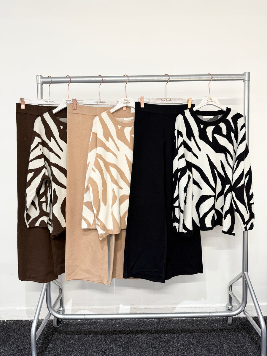 Heavy Knit Zebra Design Jumper And Wide Leg Trousers Set