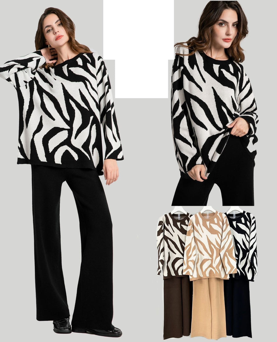 Heavy Knit Zebra Design Jumper And Wide Leg Trousers Set