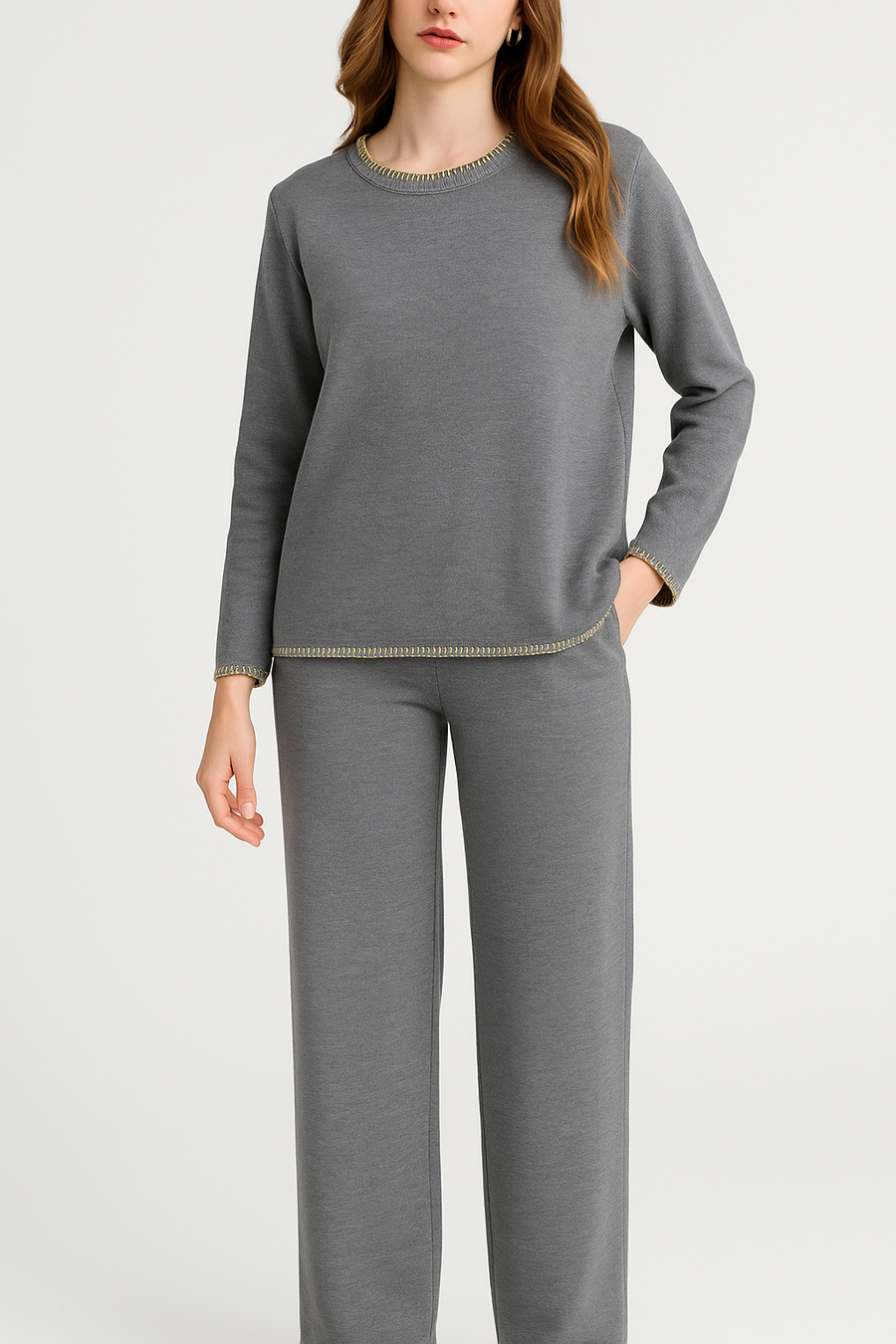 lurex edged soft knit jumper and wide leg trousers set