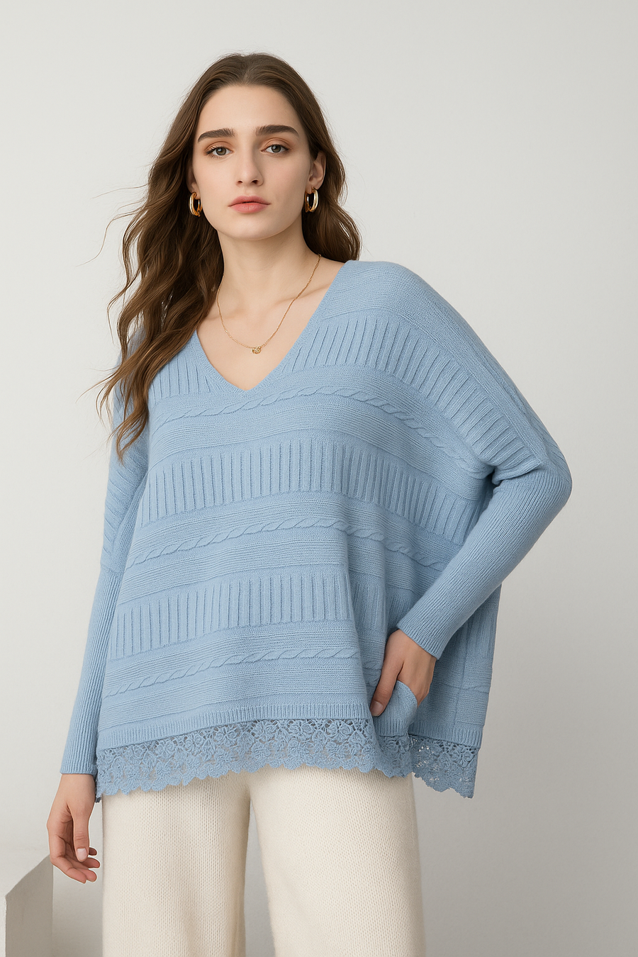 Chunky Knit Plus Size Jumper With V Neck, Lace Hem, Fitted Sleeves And Special Cable Knitting Design