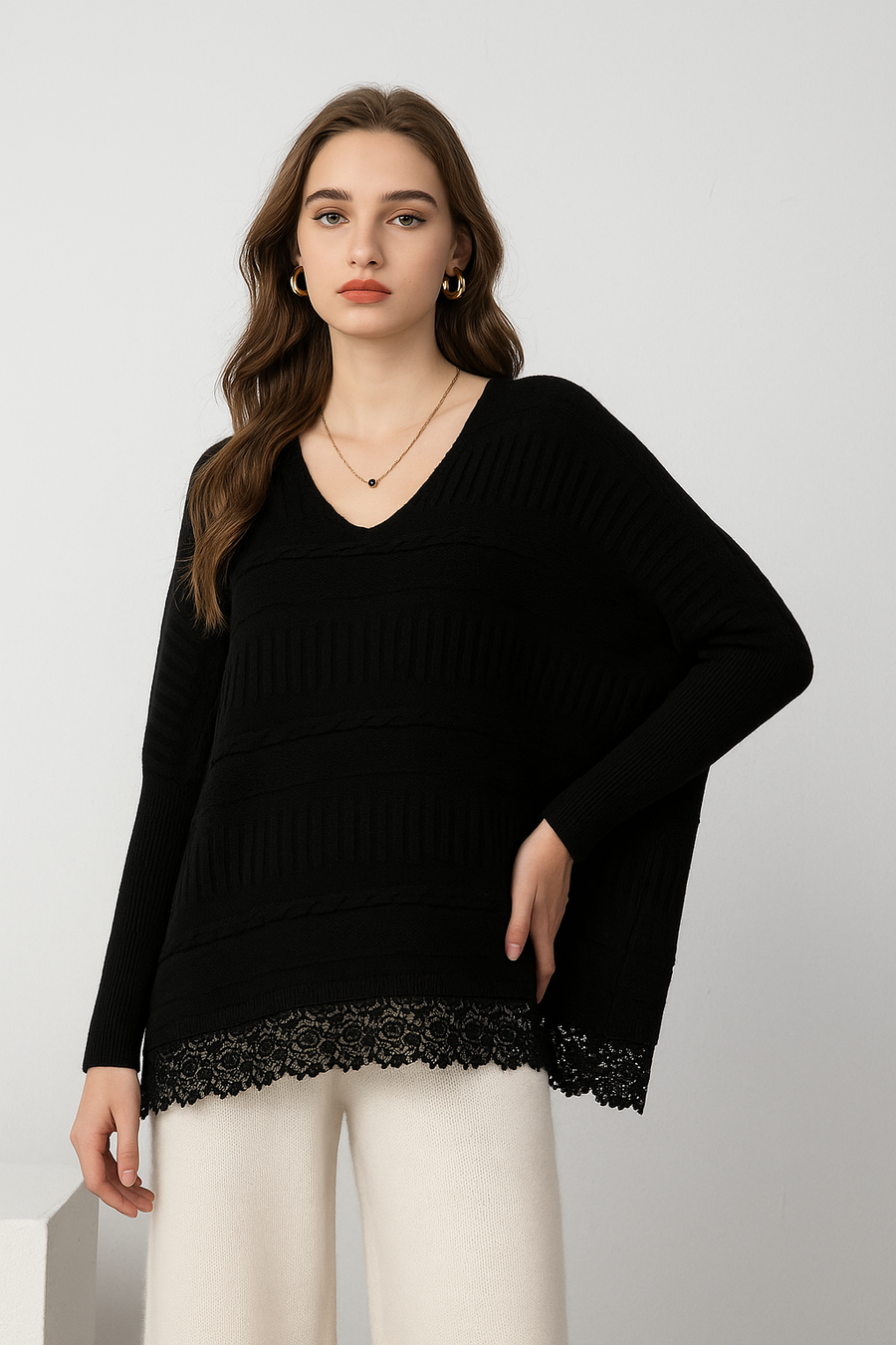 Chunky Knit Plus Size Jumper With V Neck, Lace Hem, Fitted Sleeves And Special Cable Knitting Design
