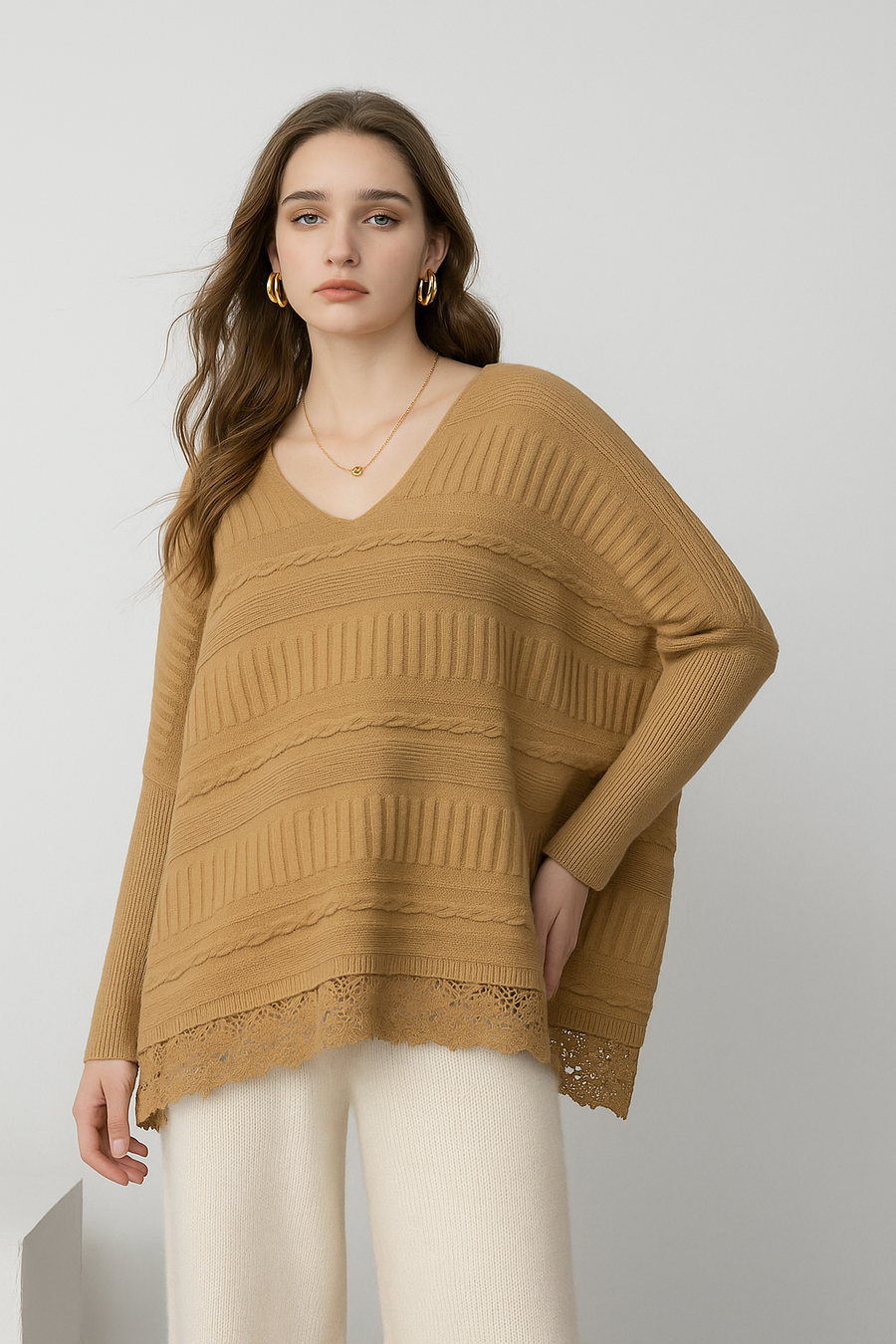 Chunky Knit Plus Size Jumper With V Neck, Lace Hem, Fitted Sleeves And Special Cable Knitting Design