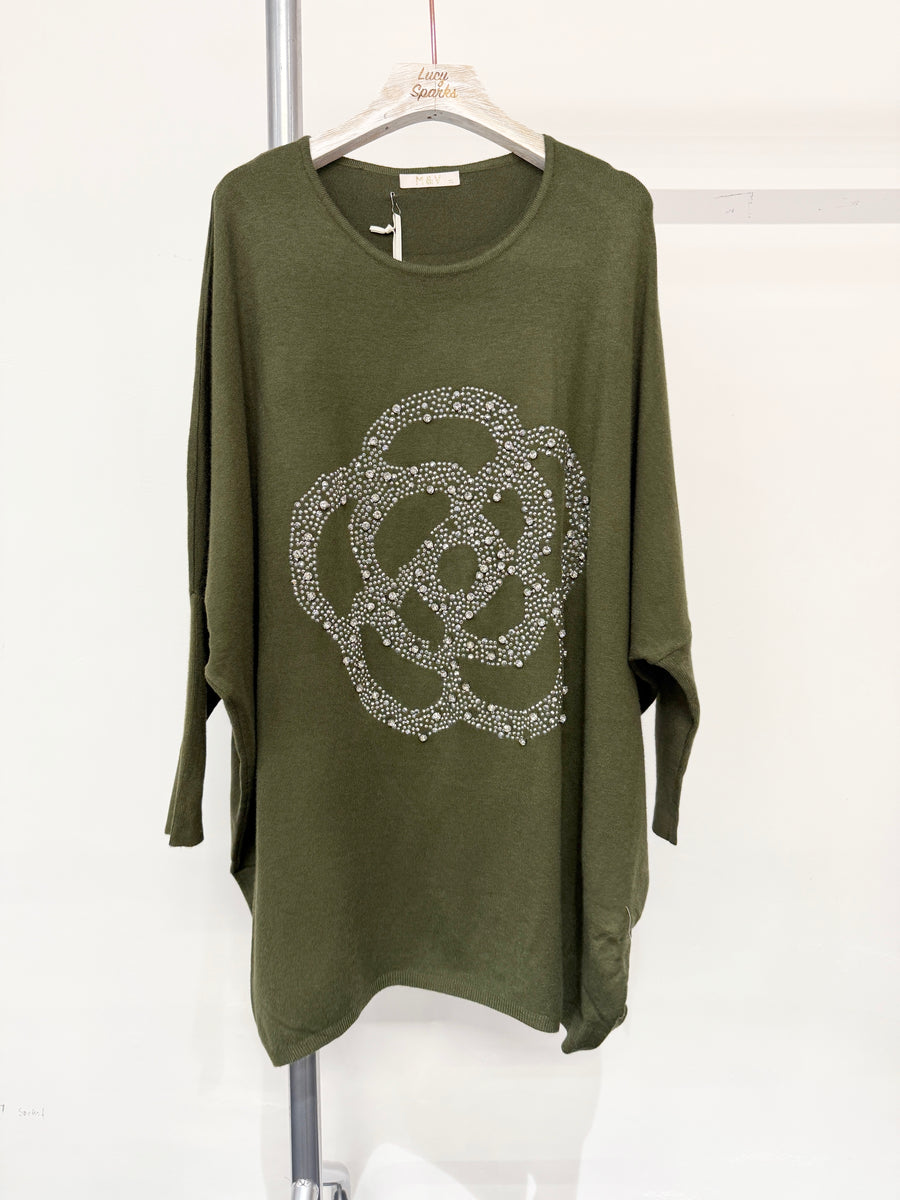 Soft Knit Plus Size Jumper With Floral Crystal And Diamonds Design