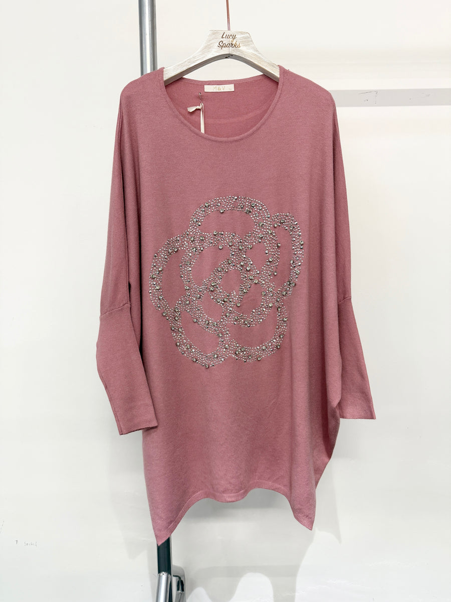 Soft Knit Plus Size Jumper With Floral Crystal And Diamonds Design