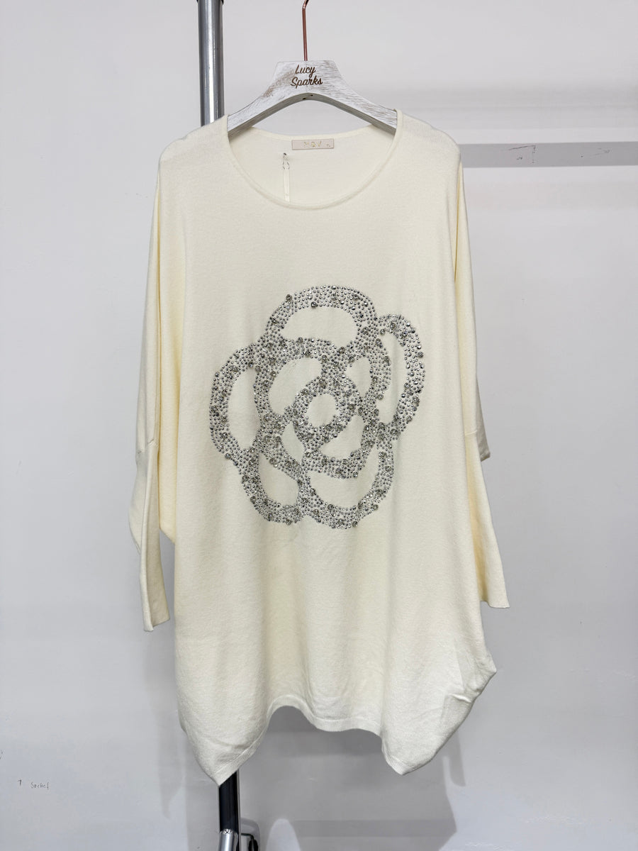 Soft Knit Plus Size Jumper With Floral Crystal And Diamonds Design