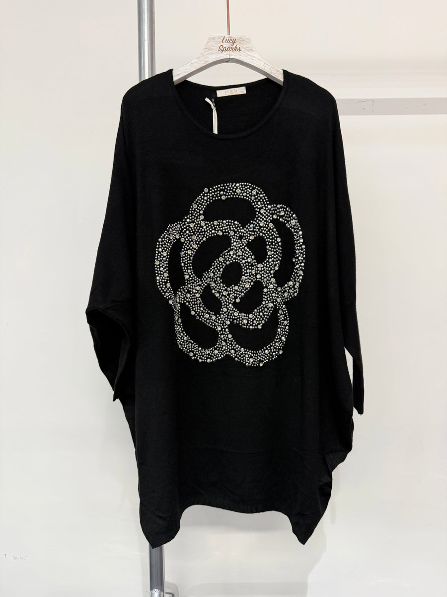 Soft Knit Plus Size Jumper With Floral Crystal And Diamonds Design