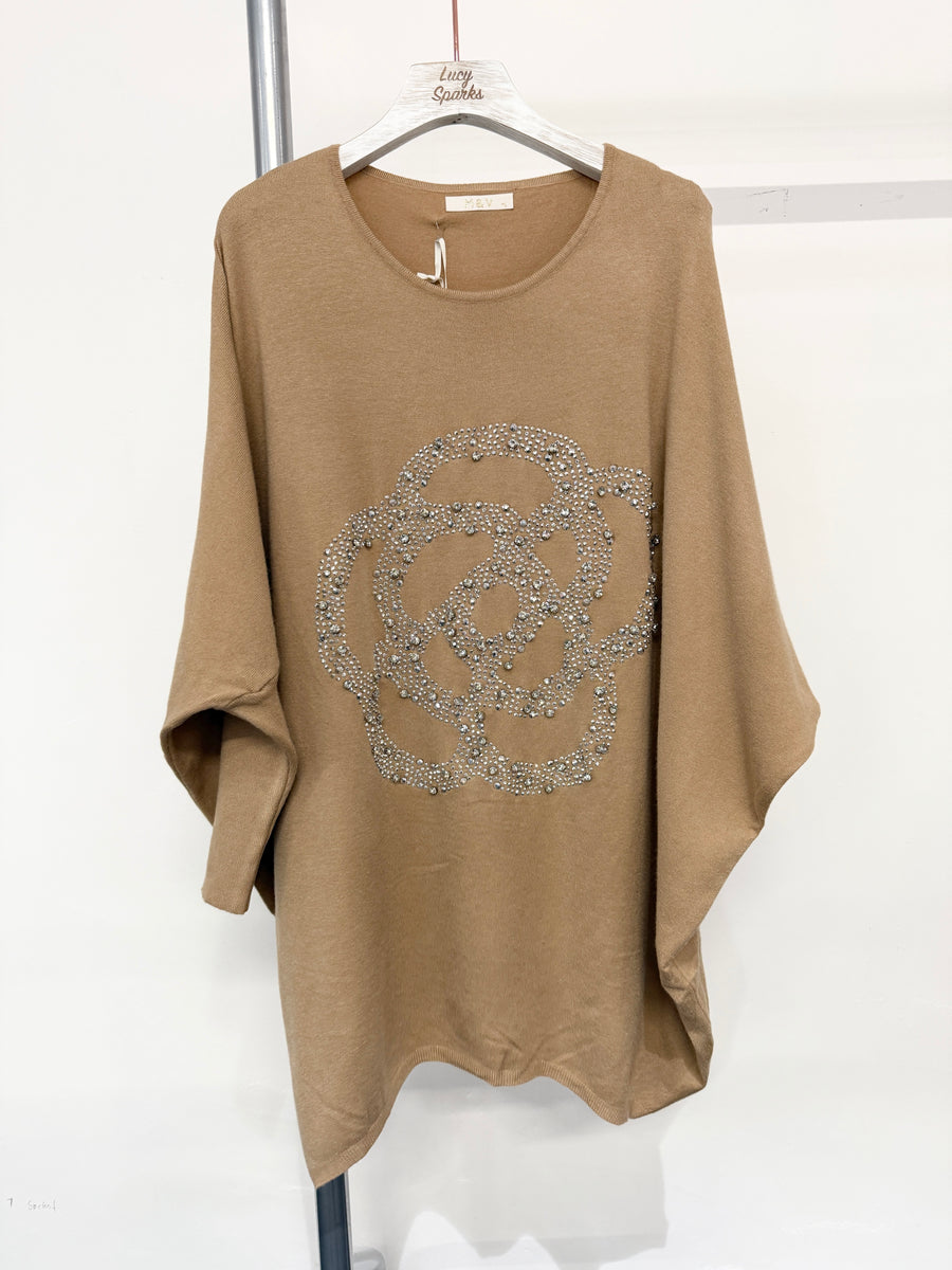 Soft Knit Plus Size Jumper With Floral Crystal And Diamonds Design