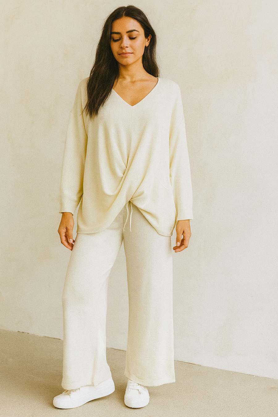 PREMIUM KNIT TOP WITH CROSS OVER DRAPE FRONT MATCHED WITH STRAIGHT LEG PANTS WITH POCKETS