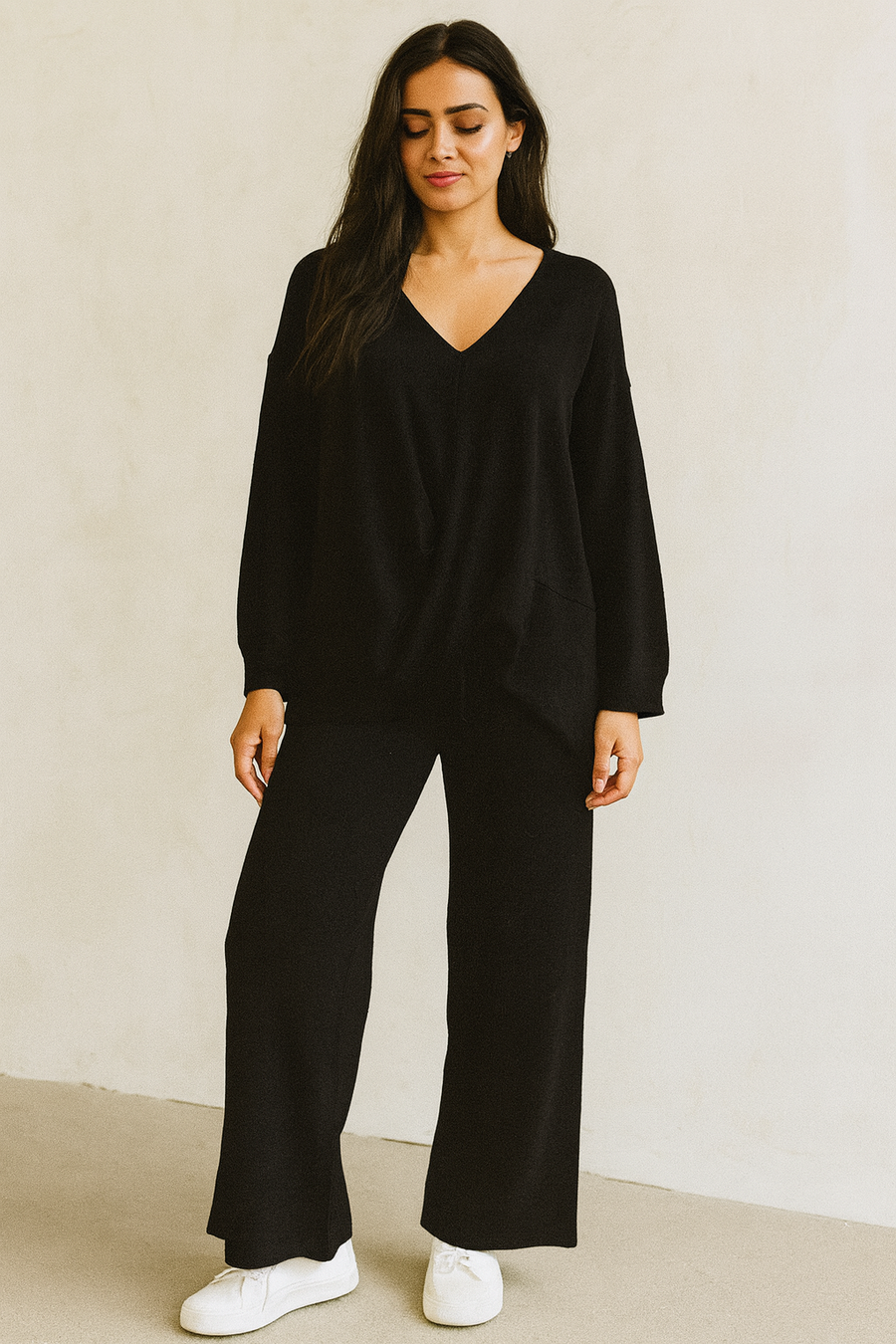 PREMIUM KNIT TOP WITH CROSS OVER DRAPE FRONT MATCHED WITH STRAIGHT LEG PANTS WITH POCKETS