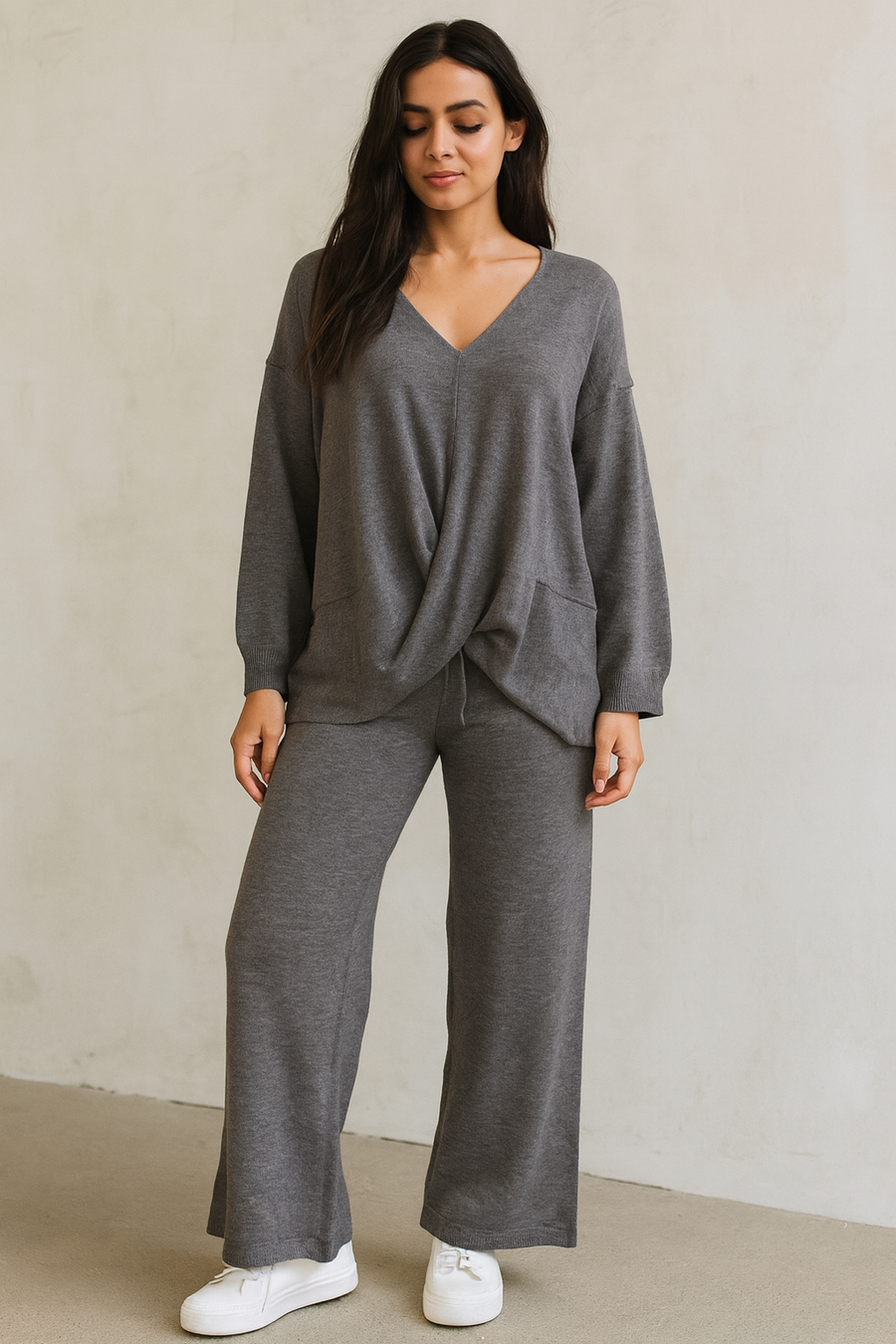 PREMIUM KNIT TOP WITH CROSS OVER DRAPE FRONT MATCHED WITH STRAIGHT LEG PANTS WITH POCKETS