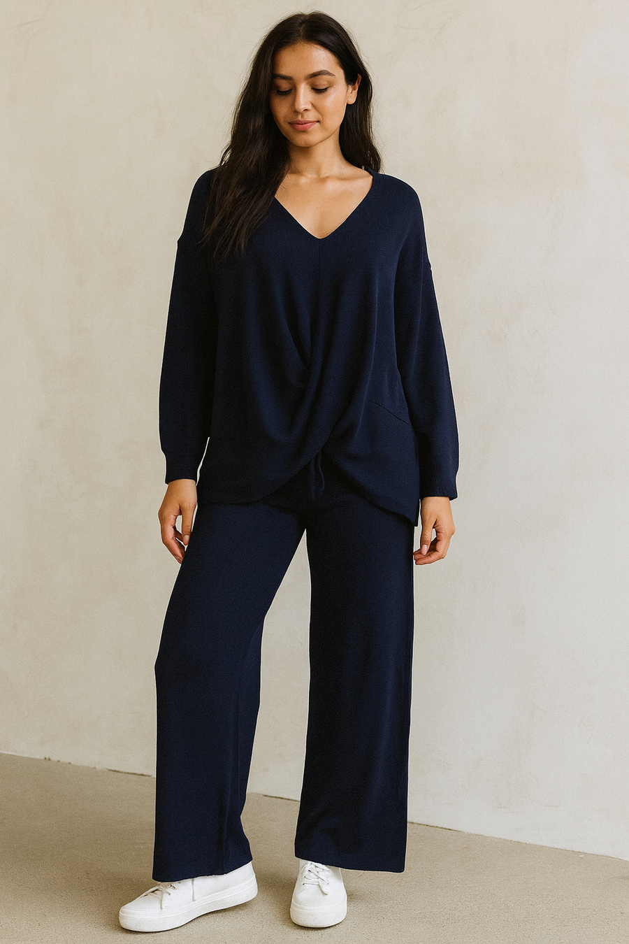 PREMIUM KNIT TOP WITH CROSS OVER DRAPE FRONT MATCHED WITH STRAIGHT LEG PANTS WITH POCKETS