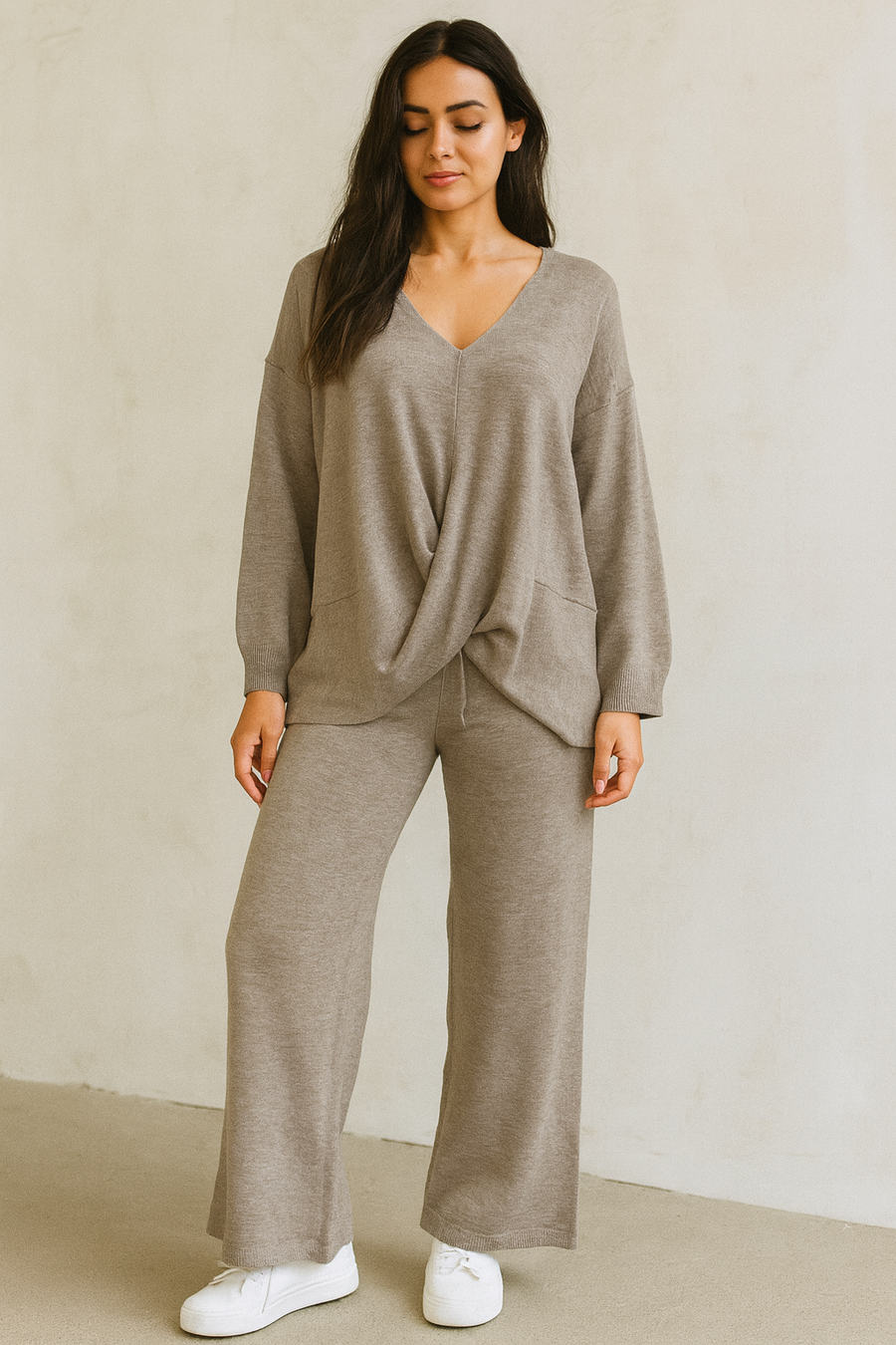 PREMIUM KNIT TOP WITH CROSS OVER DRAPE FRONT MATCHED WITH STRAIGHT LEG PANTS WITH POCKETS