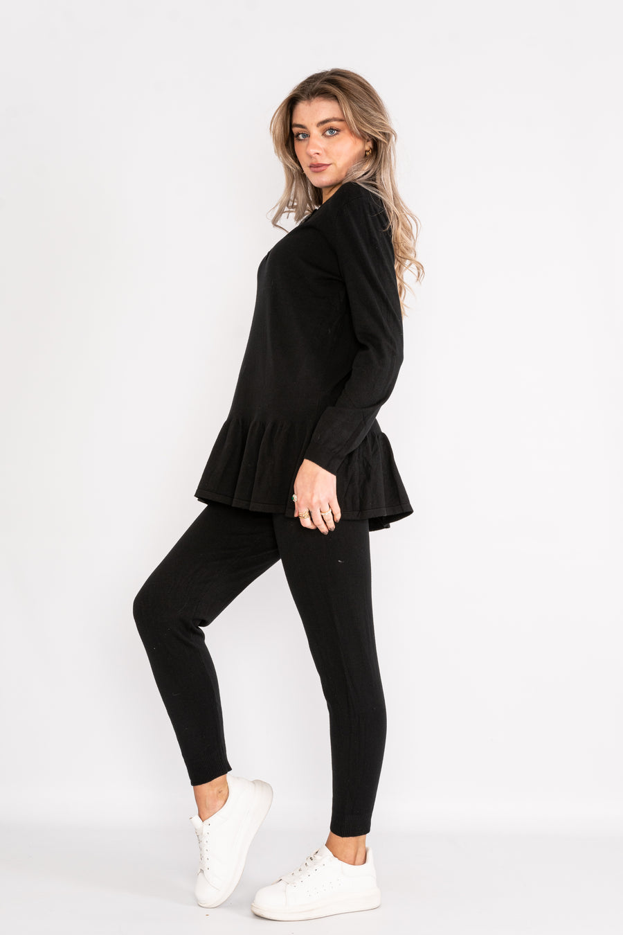 Long sleeve loungewear set with sparkle button up collar and ruffled hem.