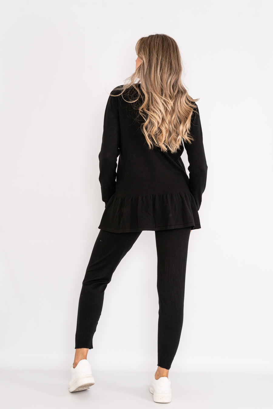 Long sleeve loungewear set with sparkle button up collar and ruffled hem.