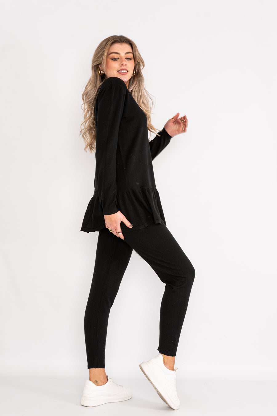 Long sleeve loungewear set with sparkle button up collar and ruffled hem.