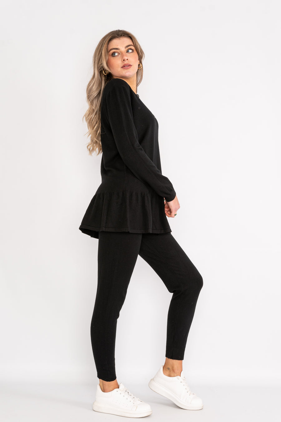 Long sleeve loungewear set with sparkle button up collar and ruffled hem.