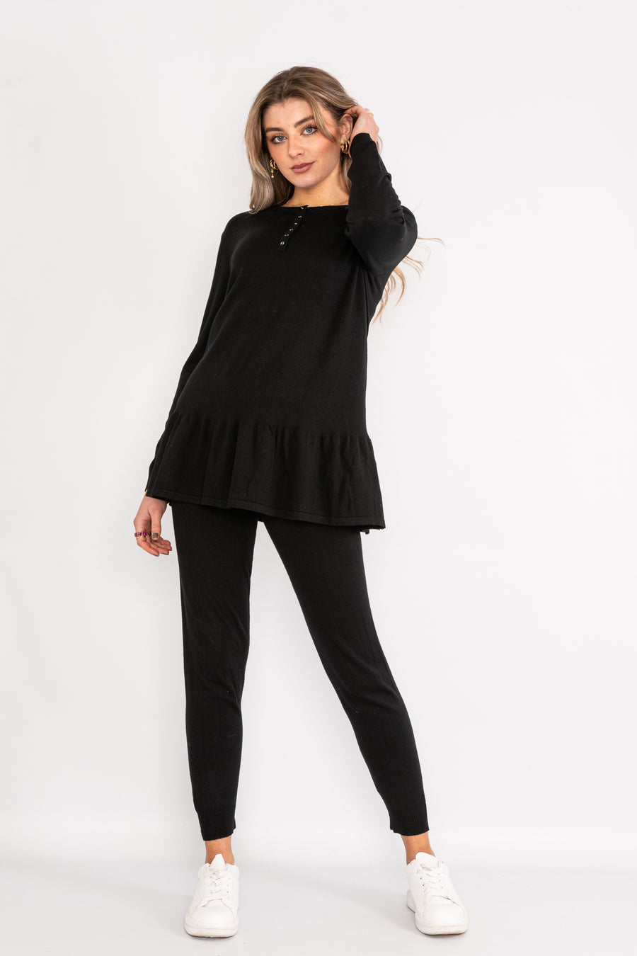 Long sleeve loungewear set with sparkle button up collar and ruffled hem.