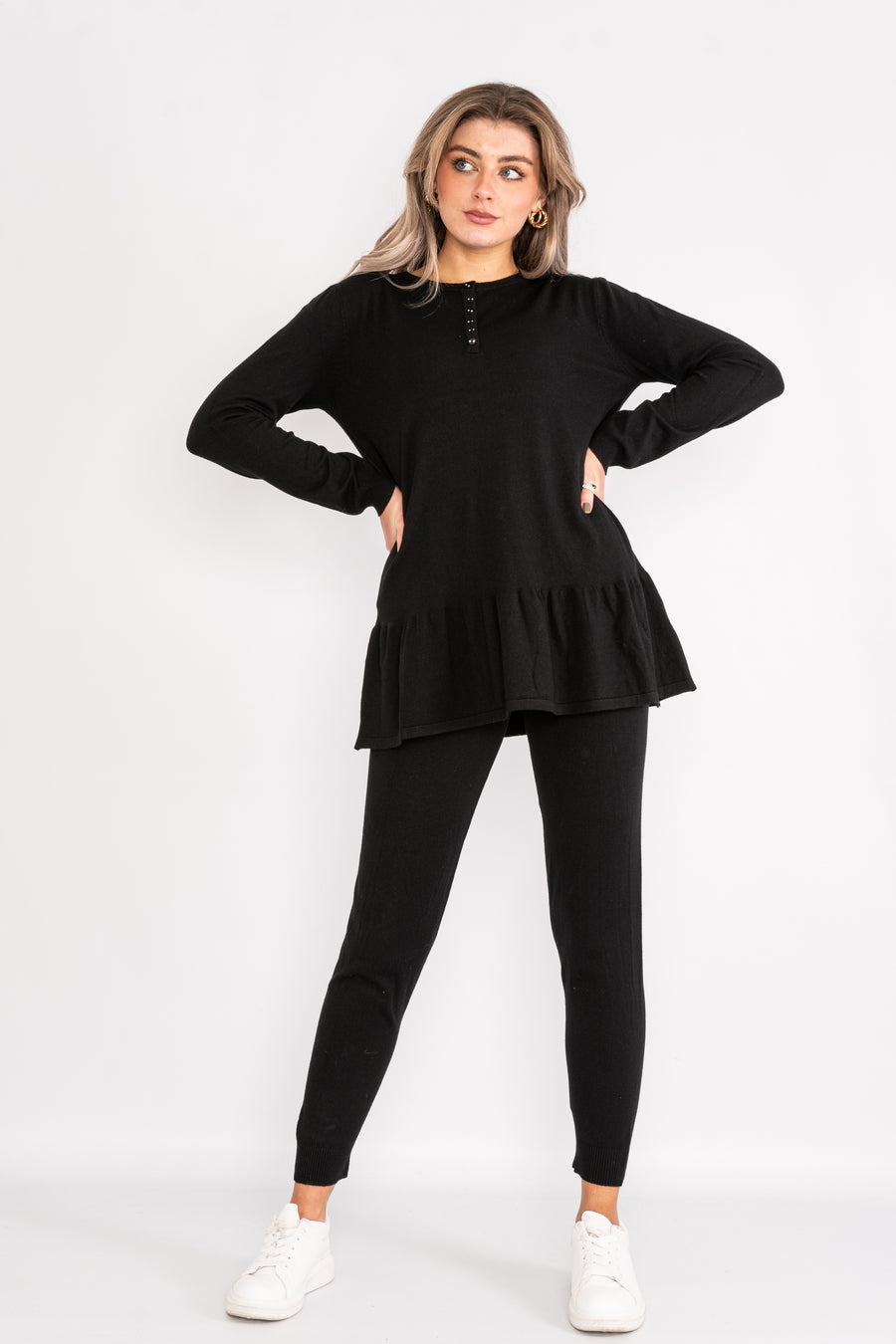 Long sleeve loungewear set with sparkle button up collar and ruffled hem.