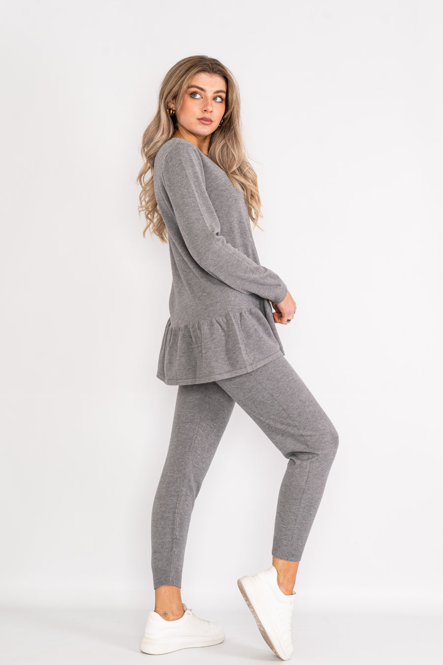 Long sleeve loungewear set with sparkle button up collar and ruffled hem.