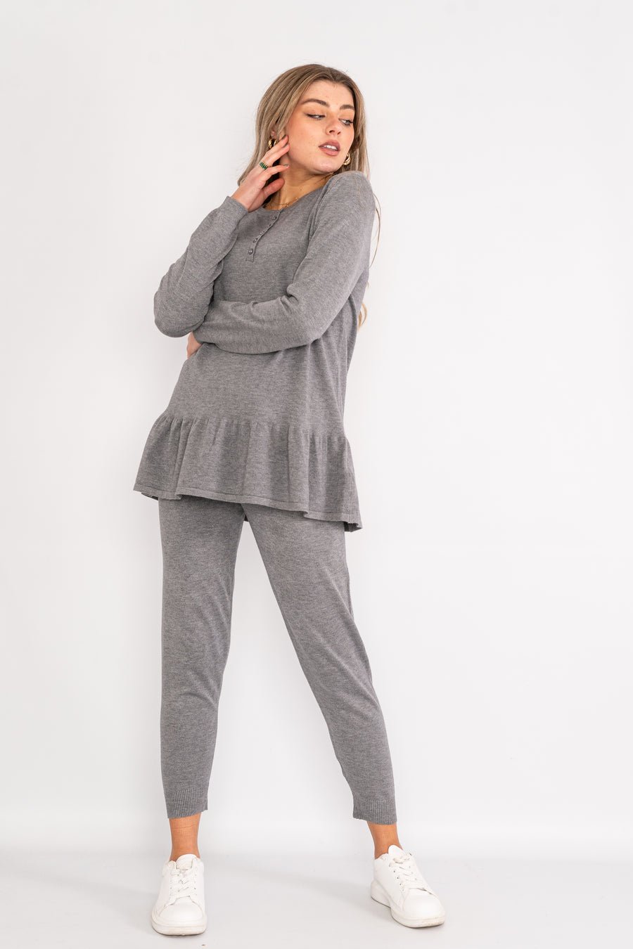 Long sleeve loungewear set with sparkle button up collar and ruffled hem.