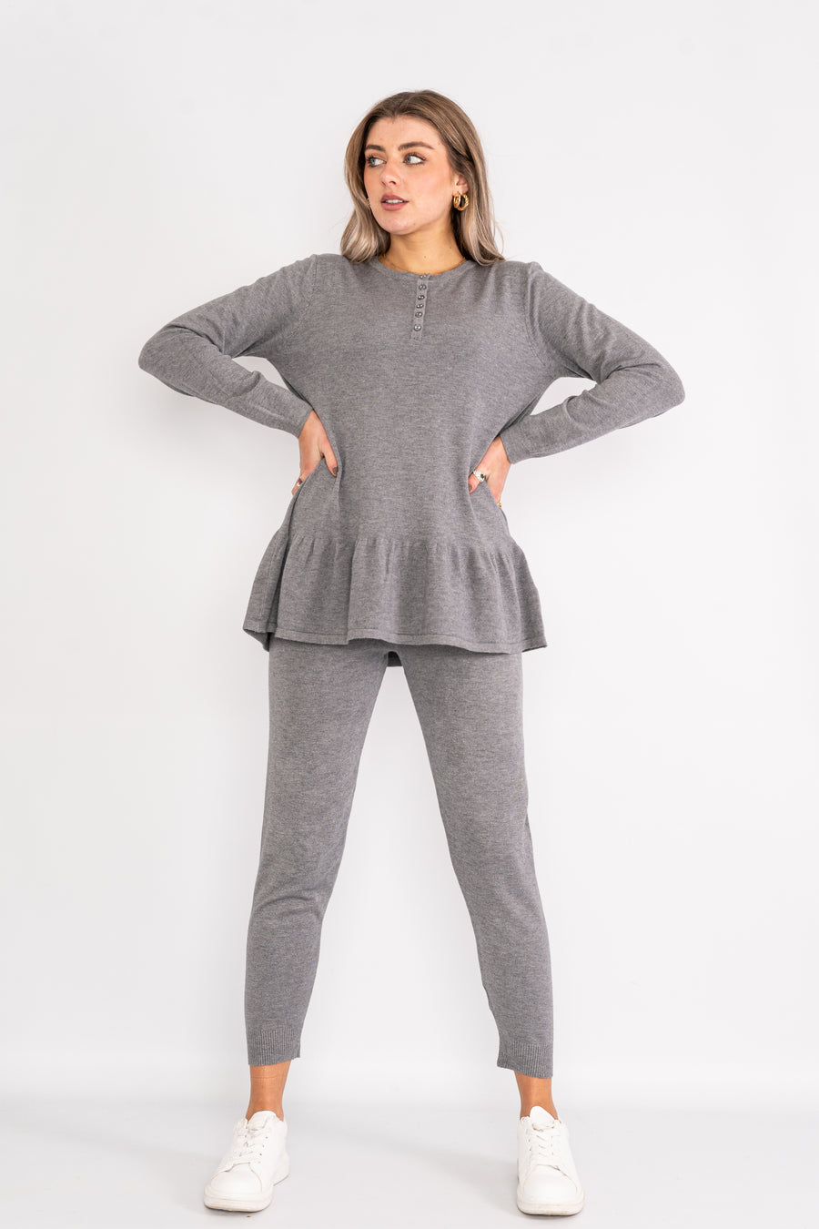 Long sleeve loungewear set with sparkle button up collar and ruffled hem.