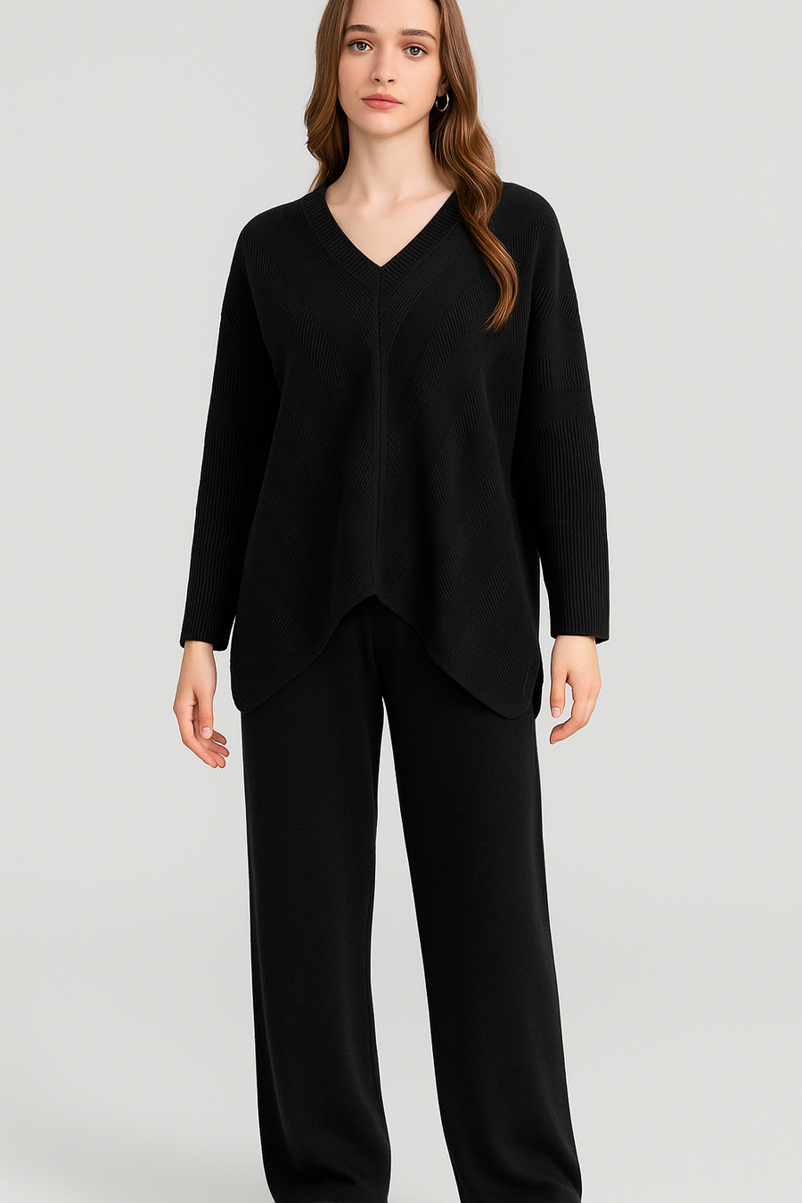 Premium Knit Oversized v Neck Ribbed Design Jumper Matched With Trousers With Pockets, Elasticated Waist And Waist Tie