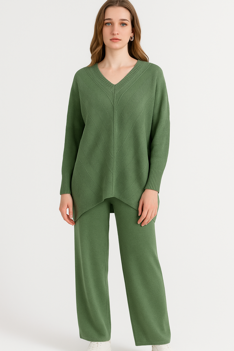 Premium Knit Oversized v Neck Ribbed Design Jumper Matched With Trousers With Pockets, Elasticated Waist And Waist Tie