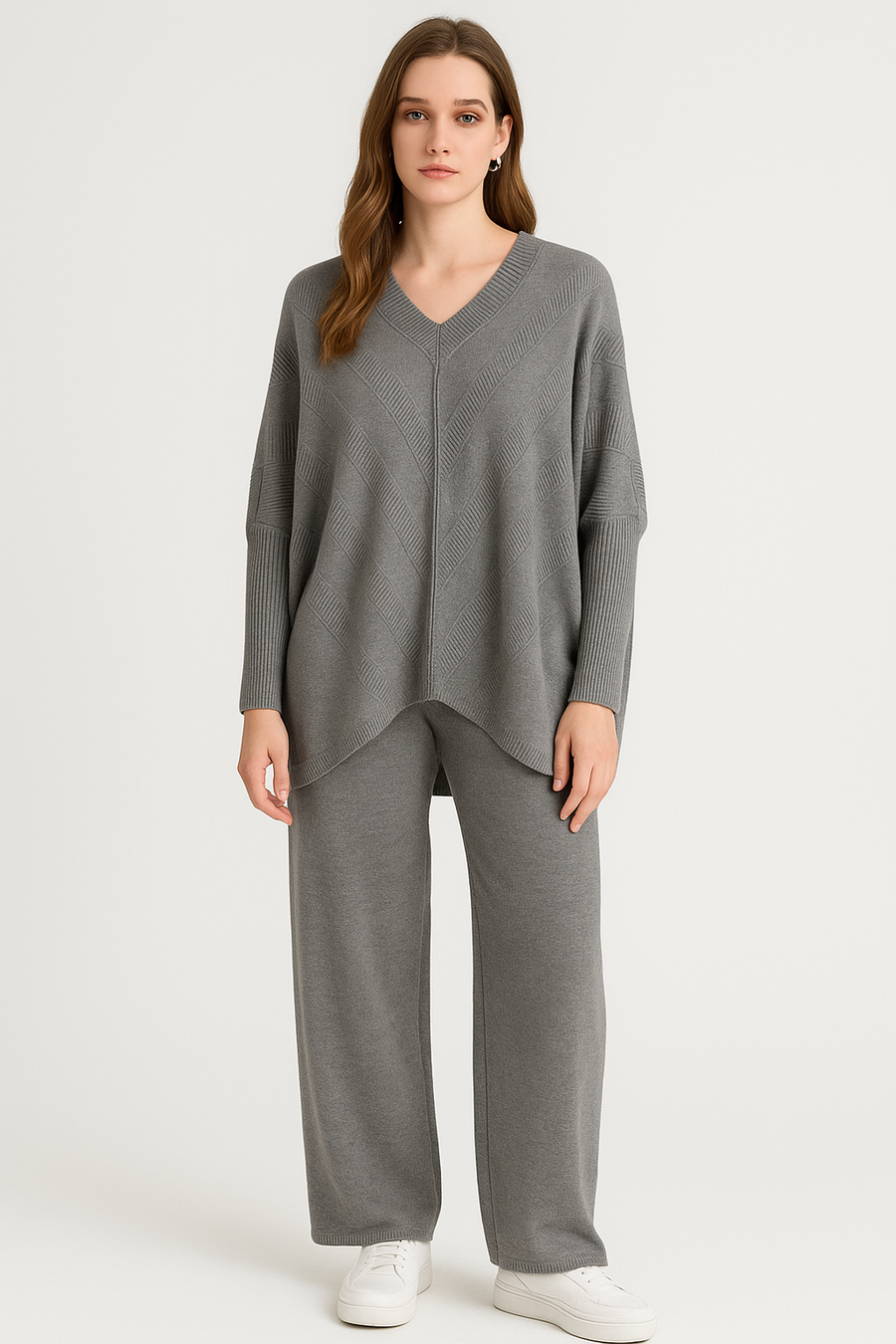 Premium Knit Oversized v Neck Ribbed Design Jumper Matched With Trousers With Pockets, Elasticated Waist And Waist Tie