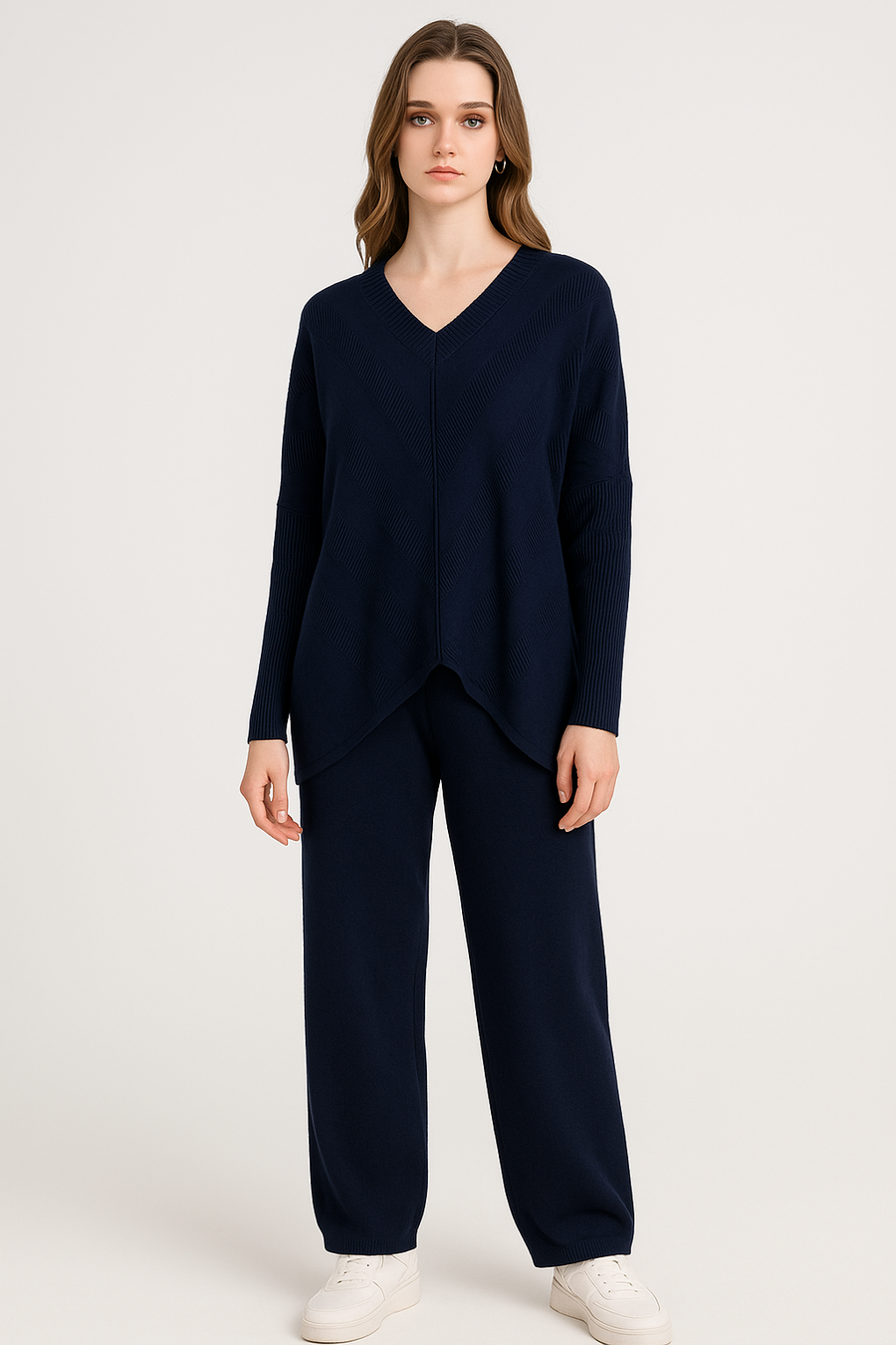 Premium Knit Oversized v Neck Ribbed Design Jumper Matched With Trousers With Pockets, Elasticated Waist And Waist Tie