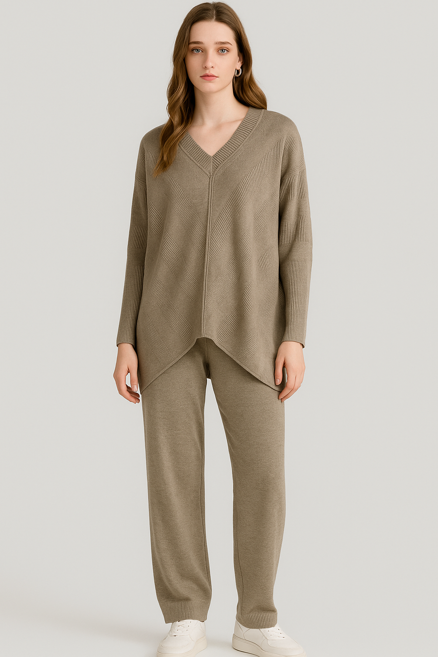 Premium Knit Oversized v Neck Ribbed Design Jumper Matched With Trousers With Pockets, Elasticated Waist And Waist Tie