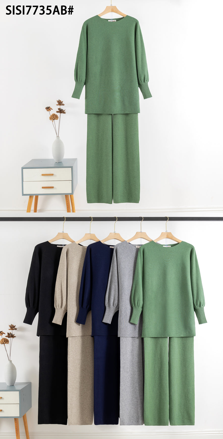 Premium Knit Puffy Sleeve Buttons Back Jumper Matched With Wide Leg Pants With Pockets, Elastic Waist And Ties