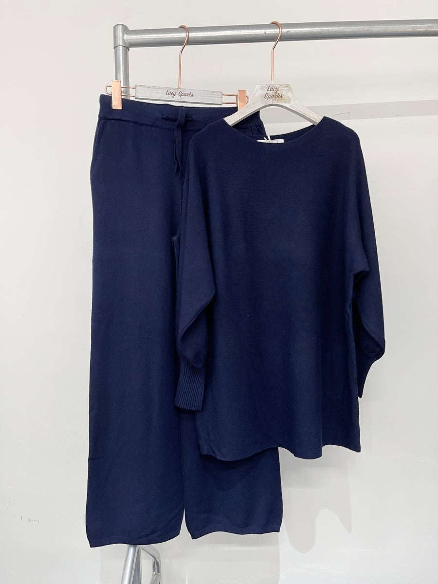 Premium Knit Puffy Sleeve Buttons Back Jumper Matched With Wide Leg Pants With Pockets, Elastic Waist And Ties