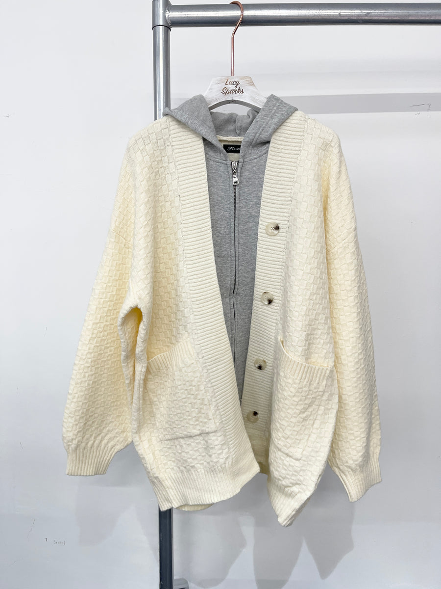 CHUNKY CABLE KNIT JACKET WITH ZIP UP FLEECED HOODIE ONE PIECE ITEM