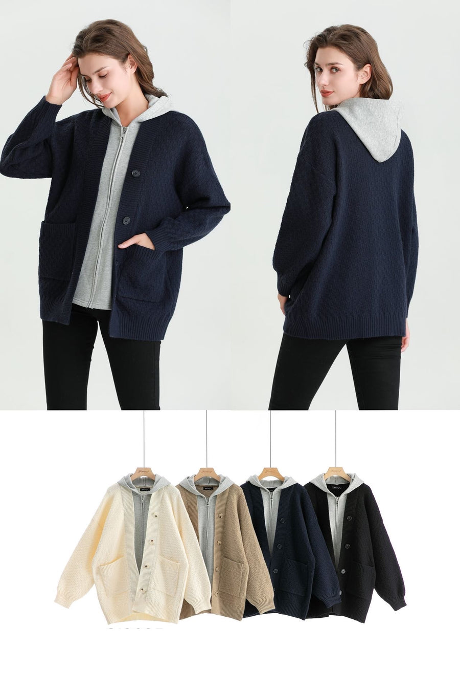 CHUNKY CABLE KNIT JACKET WITH ZIP UP FLEECED HOODIE ONE PIECE ITEM